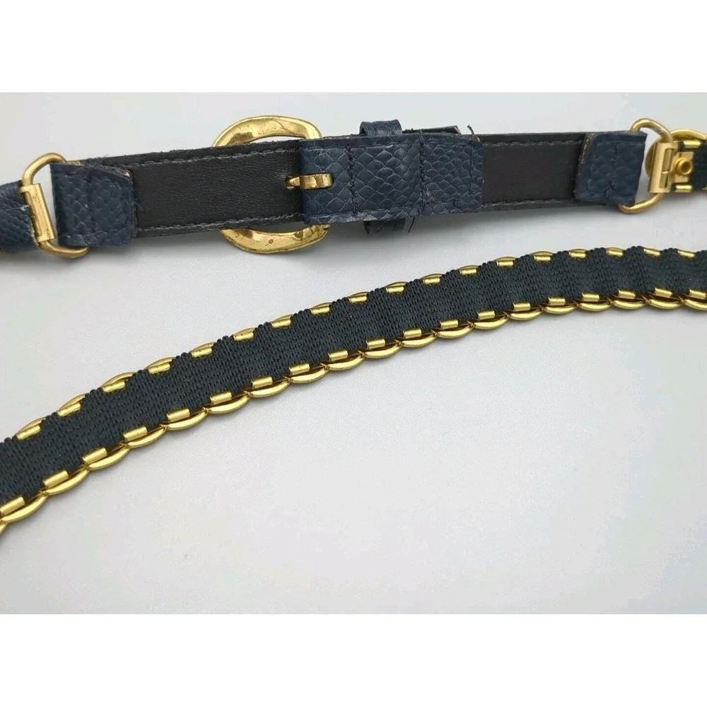 VTG 80s Gold Roman Coin Belt Snake Embossed Vinyl‎ Navy Chain Womens Size Small